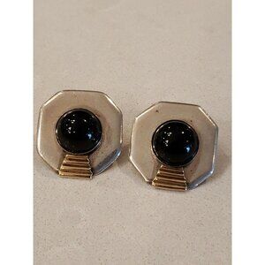 Leonore Doskow Sterling & 14k Mid Century Modern Black Onyx Pierced Earrings